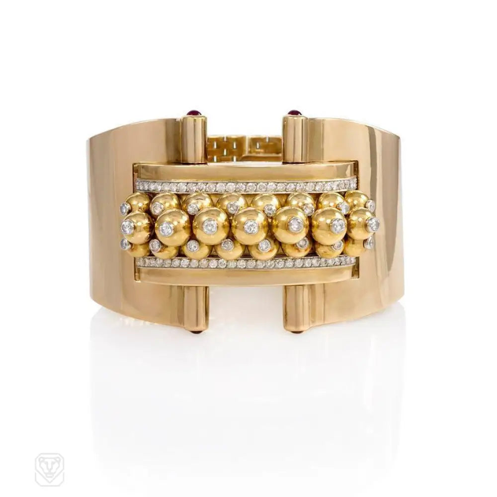 ladies chunky bangles-Retro gold and diamond beaded panel bracelet