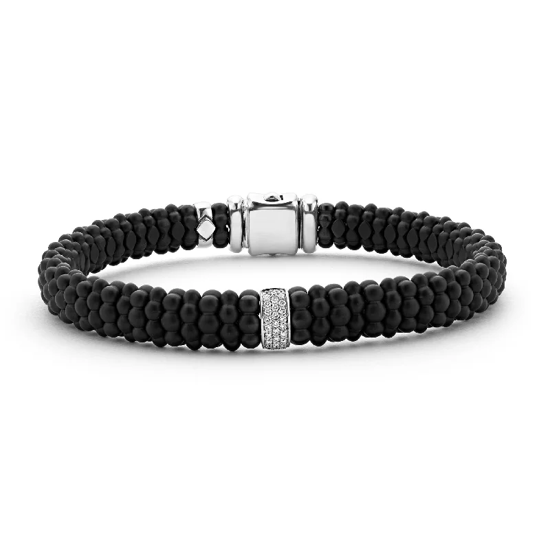 ladies bangles for gifts-Black Caviar Single Station Matte Ceramic Diamond Bracelet | 9mm