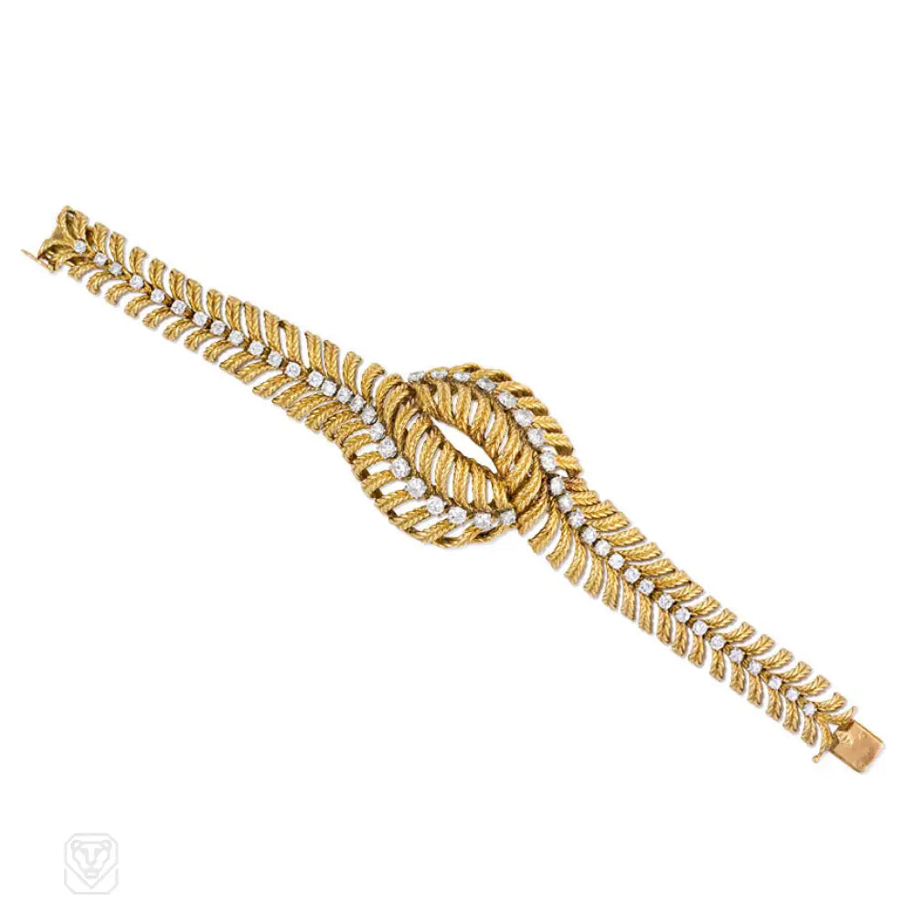 ladies crystal bangles for women-Textured gold and diamond overlapping bracelet, Boucheron