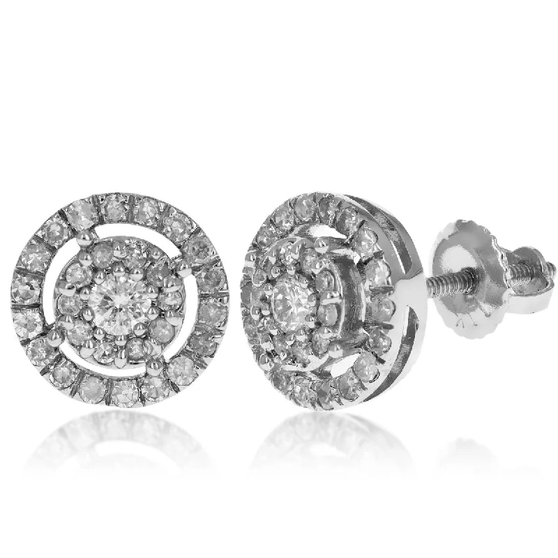 ladies layered earrings-Round Diamond Earrings With A Diamond Halo