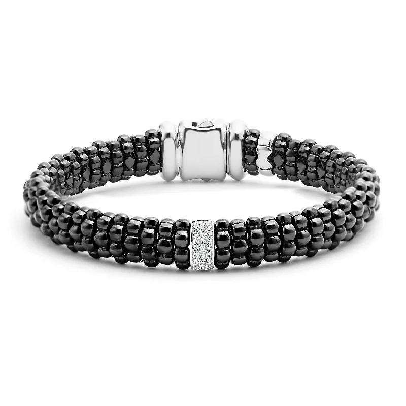 ladies cuff bracelets for women-Black Caviar Single Station Ceramic Diamond Bracelet | 9mm