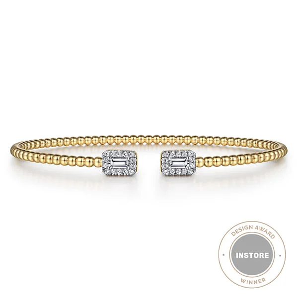 ladies gold bangle sets-14K Yellow Gold Bujukan Open Cuff Bracelet with Diamond Baguettes