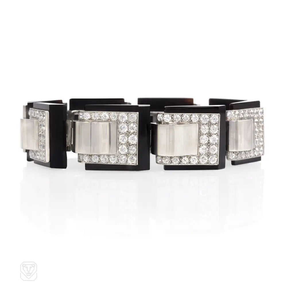 ladies bridal bangles-Onyx and diamond plaque bracelet