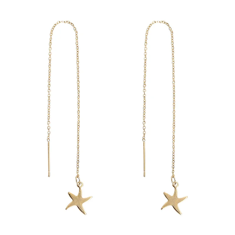 ladies gold earrings for women-Sexy Sparkles Stainless Steel Starfish Ear Thread Threader Earrings Drop Dangle Earrings