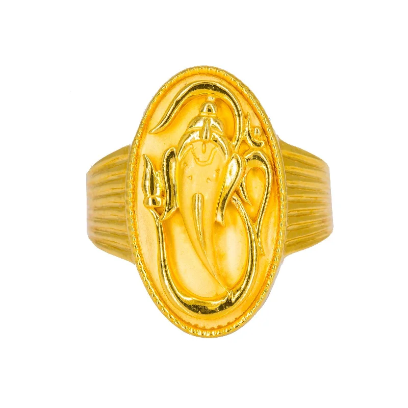 ladies gold rings-22K Yellow Gold Men's Ring W/ Ganesh Signet & Ribbed Shank