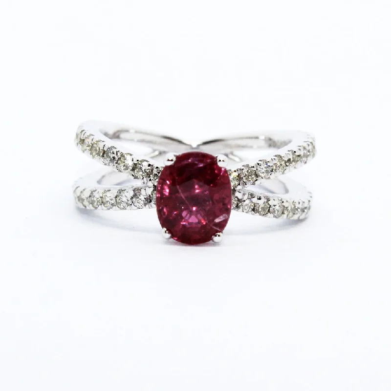 ladies affordable engagement rings-RUBY DIAMOND CROSS BAND RING AD NO.1619