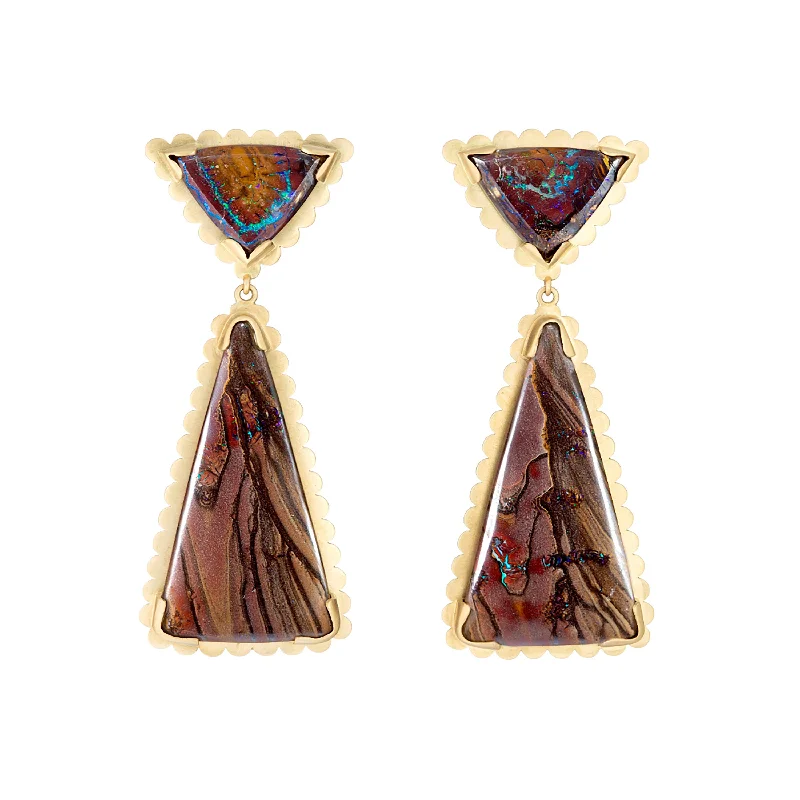 ladies long drop earrings-Yowah Opal Triangle Drop Earrings