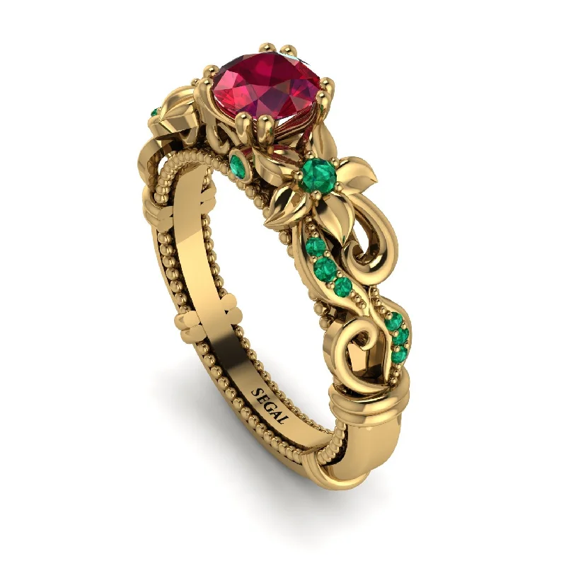 diamond ladies engagement rings-Vintage Flower Openwork Gold Ruby Engagement Ring - Ann No. 25