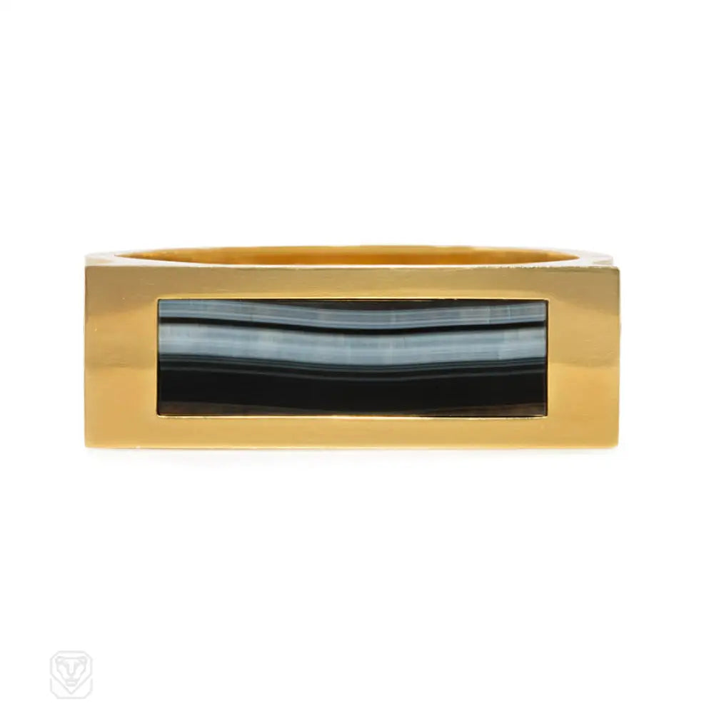 ladies designer bangles-Gold and banded agate cuff bracelet