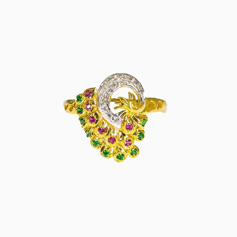 ladies geometric rings-22K Multi Tone Gold Ring W/ Emeralds, Rubies & Artisanal Peacock