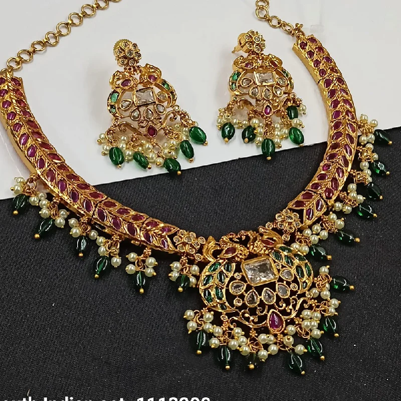 ladies long gold necklaces-Padmawati Bangles Gold Plated Crystal Stone And Pearls Necklace Set