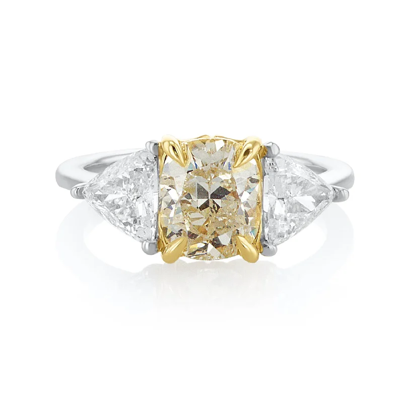 ladies trendy rings-Yellow Cushion Diamond Three Stone Ring