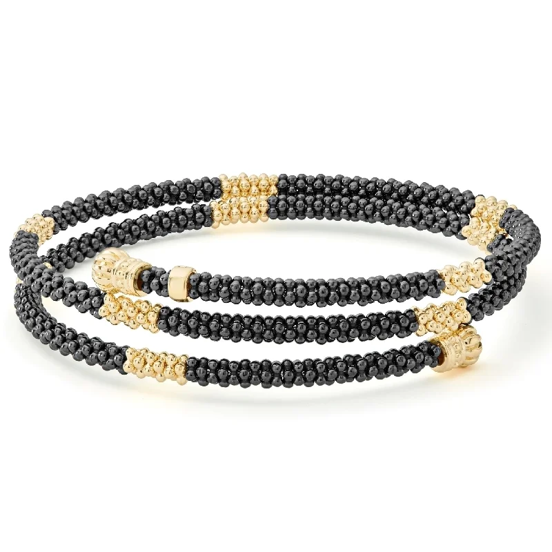 ladies friendship bangle sets-Black Caviar 18K Gold Small Station Ceramic Wrap Bracelet | 3mm