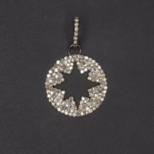 ladies fashion necklaces-NATURAL 3/4 CARAT DIAMOND PAVE STAR PENDANT CIRCLE OPEN STARBURST ROUND NECKLACE