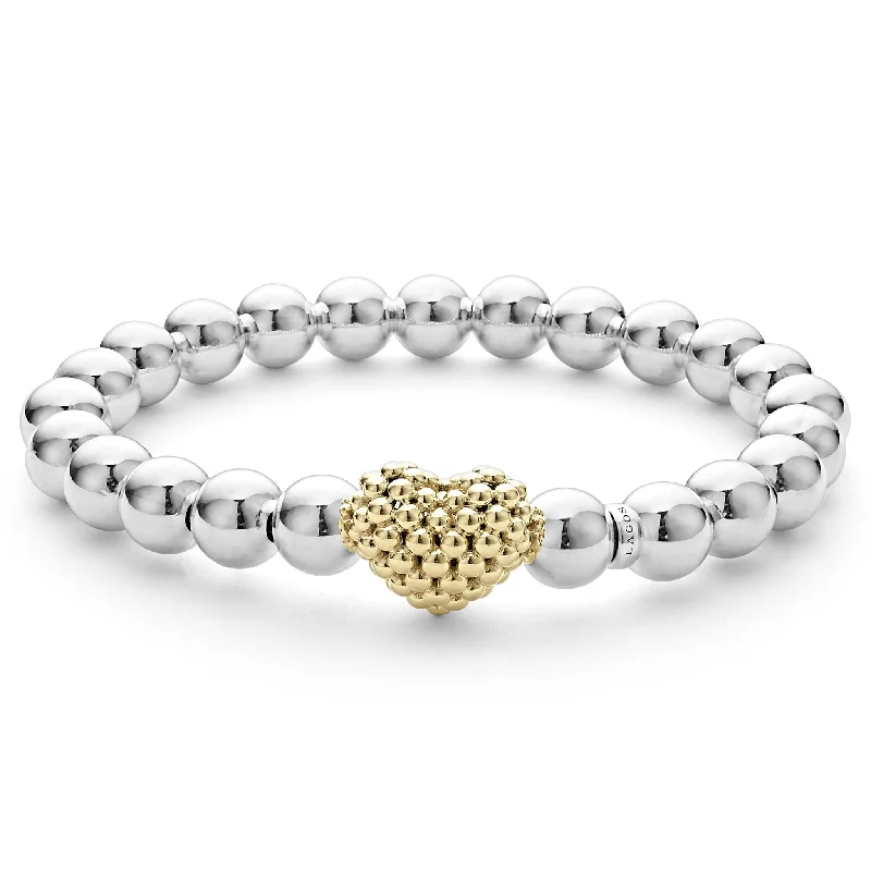 ladies leather bracelets-Signature Caviar Stretch Gold Heart Bead Bracelet