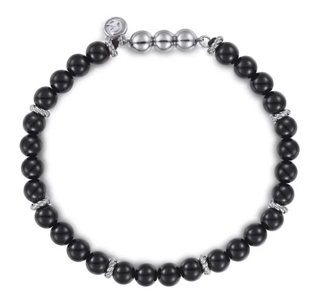 ladies silver bangles-925 Sterling Silver and 6mm Black Onyx Beaded Bracelet