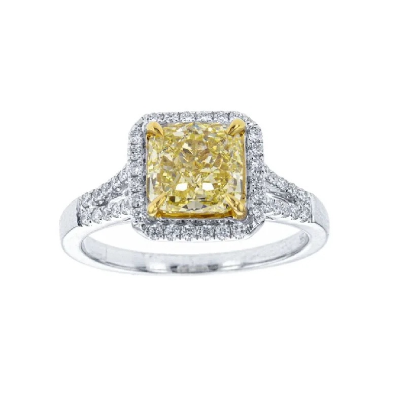 ladies unique rings-2.28 CT Fancy Light Yellow Cushion Diamond Halo 18K Two Tone Ring