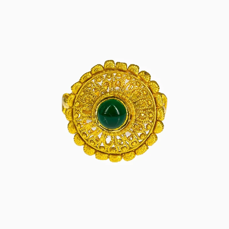 ladies cubic zirconia rings-22K Yellow Gold Adjustable Shield Ring W/ Emerald & Rope Accents