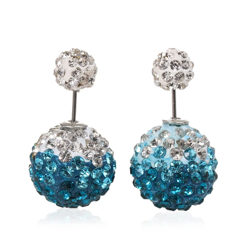 ladies geometric earrings-Sexy Sparkles Clay Earrings Double Sided Ear Studs Round Pave White Lake Blue Rhinestone W/ Stoppers