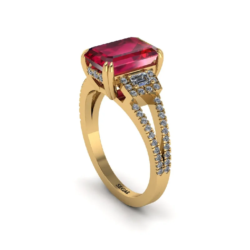 timeless ladies engagement rings-Split Shank Emerald Cut Ruby Designer Engagement Ring - Ursula No. 10