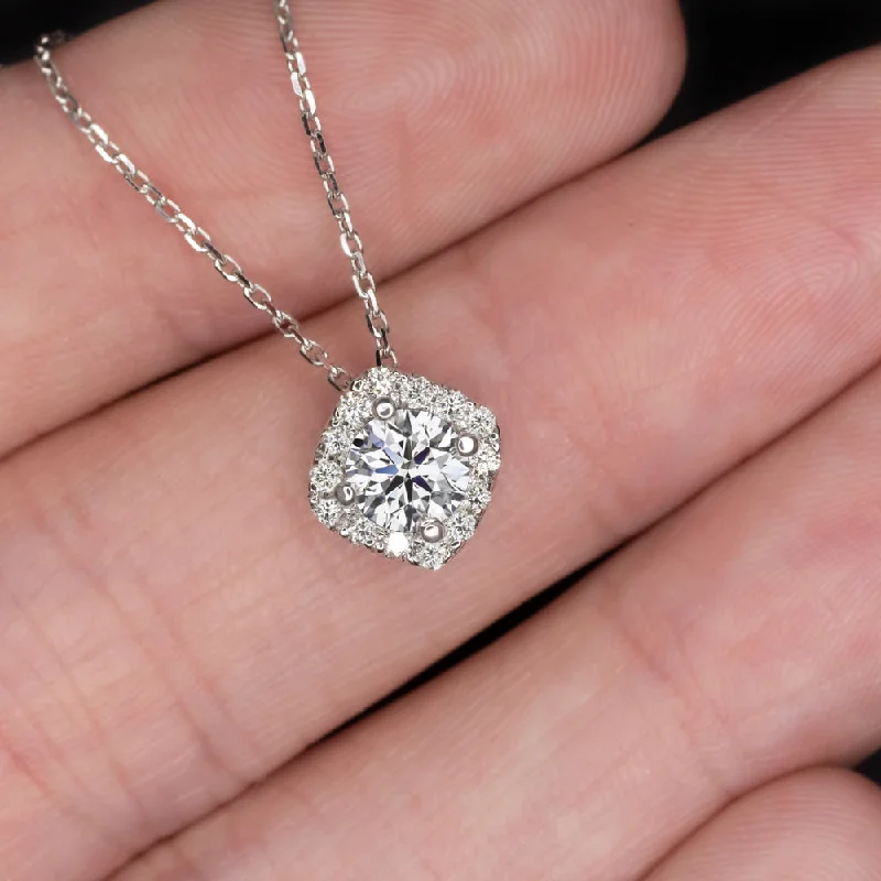 ladies charm necklaces-LAB CREATED DIAMOND PENDANT EXCELLENT IDEAL ROUND CUT CUSHION HALO NECKLACE 14k