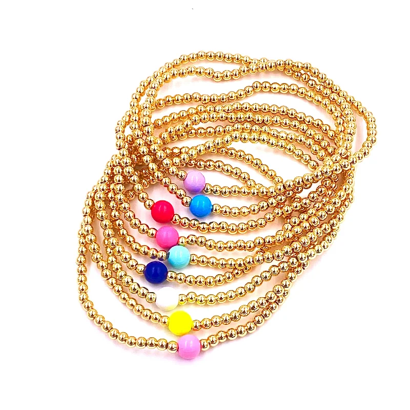 ladies bracelet with charms-Ashley Gold Stainless Steel Gold Plated 3MM Ball Beaded Center Enamel Stretch Bracelet