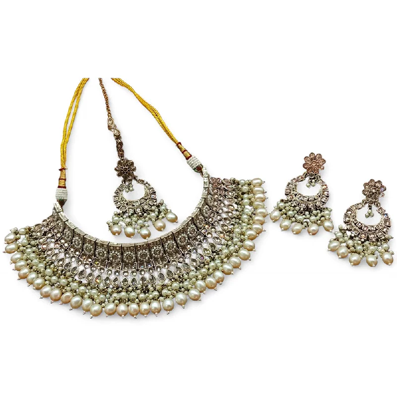 ladies layered gold necklaces-Gehana Mahal Gold Plated Crystal Stone Pearl And Beads Necklace Set