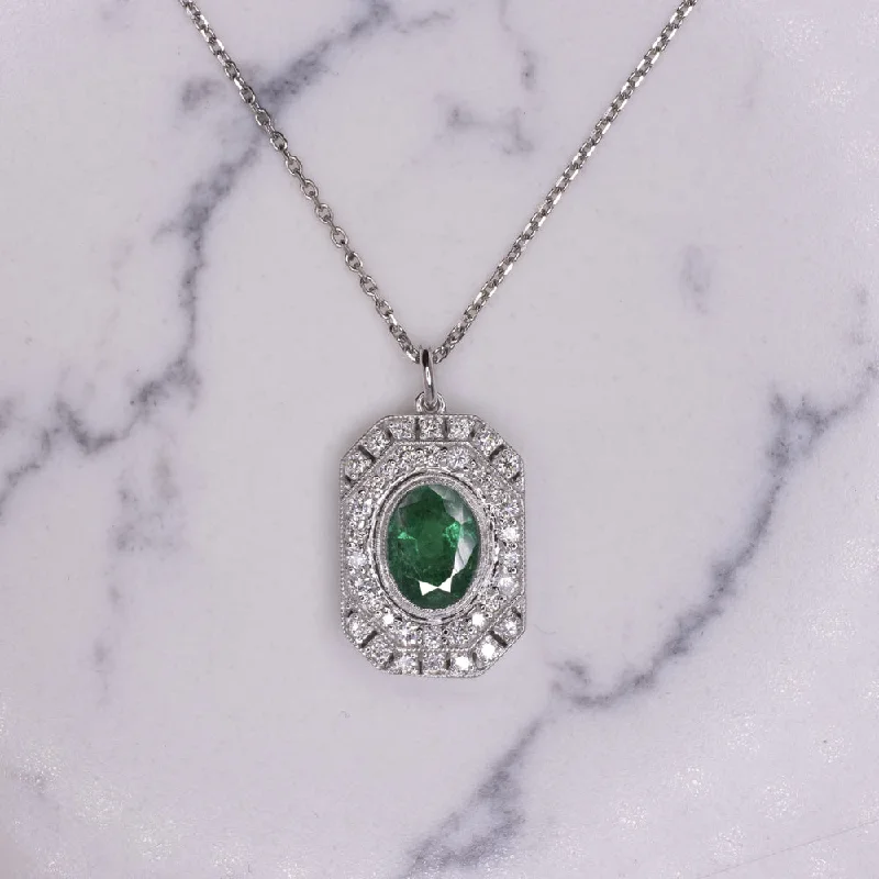 ladies luxurious pendant necklaces-EMERALD DIAMOND VINTAGE STYLE NECKLACE ART DECO OVAL GEOMETRIC HALO PENDANT