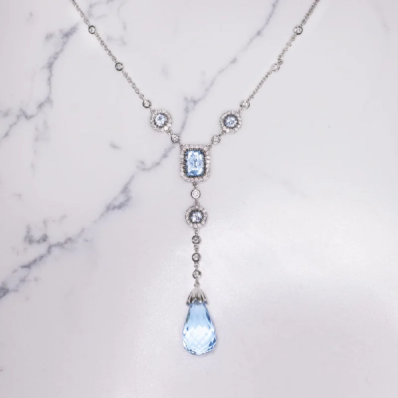 ladies rose gold necklaces-BLUE TOPAZ DIAMOND LARIAT NECKLACE 14k WHITE GOLD BRIOLETTE DROP HALO NATURAL