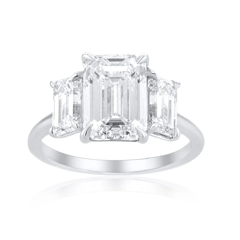 ladies geometric rings-2.92 Carat Emerald Cut Lab Grown 3 Stone Ring in 14K White Gold