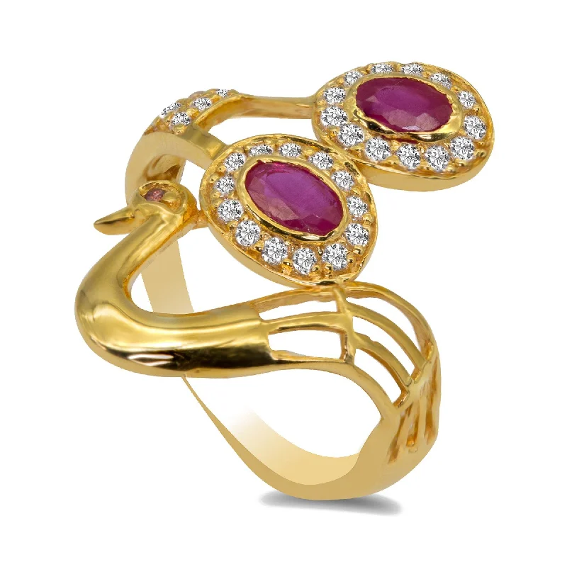 ladies bold rings-Peacock Ruby Ring Set in 22K Yellow Gold Ring W/Cubic Zirconia Stones