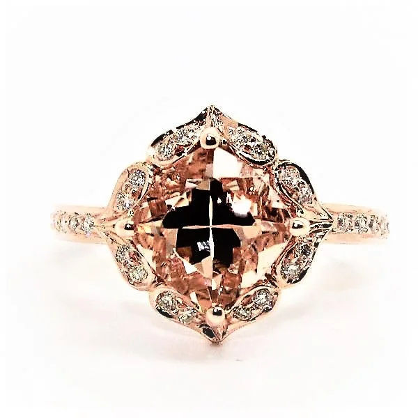 ladies fashion rings-MORGANITE AND  DIAMOND HALO CUSHION RING