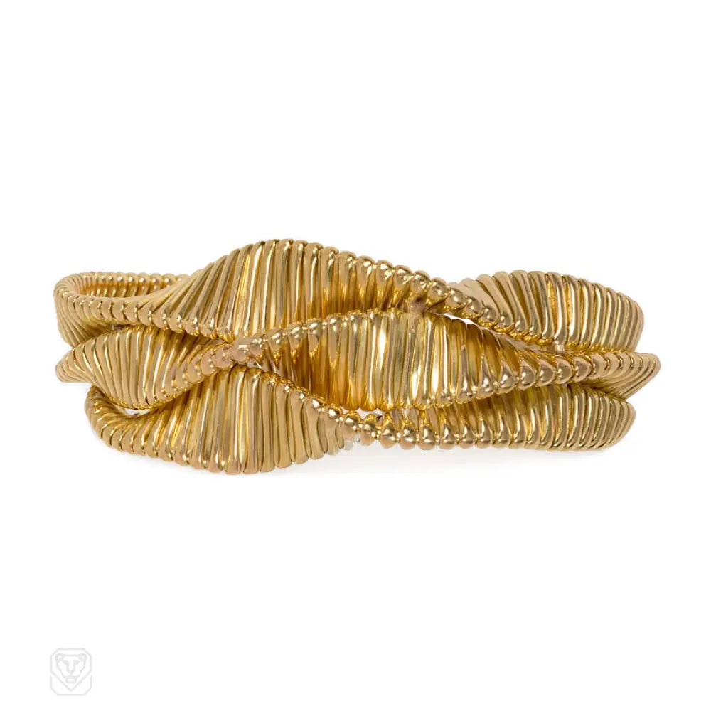 ladies braided gold bracelets-Retro three-row gold gaspipe bracelet, France