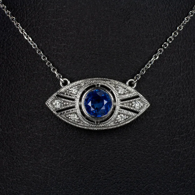 ladies birthstone necklaces-VINTAGE STYLE SAPPHIRE DIAMOND PENDANT ART DECO 18 INCH NECKLACE ROUND CUT BLUE