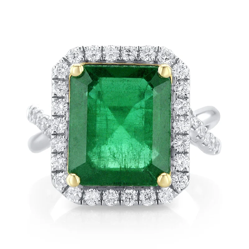 ladies casual rings-6.60 Carat Natural Emerald & Diamond Halo Ring in 18K White & Yellow Gold