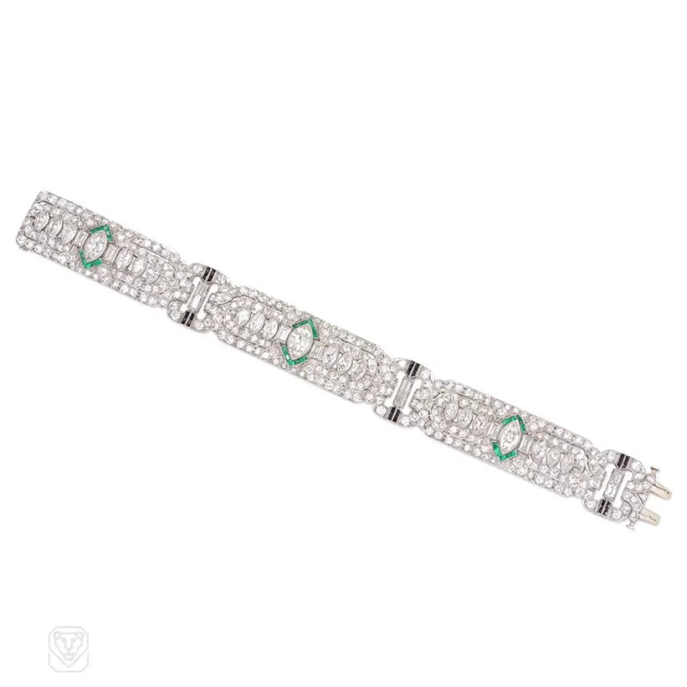 ladies luxury charm bracelets-Art Deco diamond bracelet with emerald and onyx accents