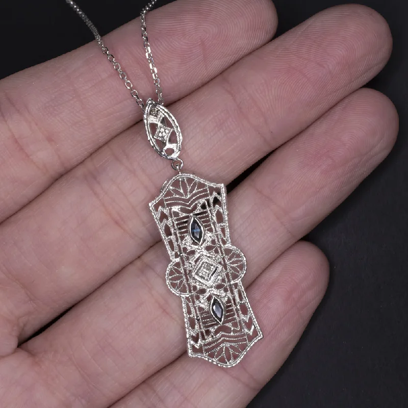 ladies artistic necklaces-VINTAGE DIAMOND SAPPHIRE 14K WHITE GOLD PENDANT 18in NECKLACE FILIGREE ART DECO