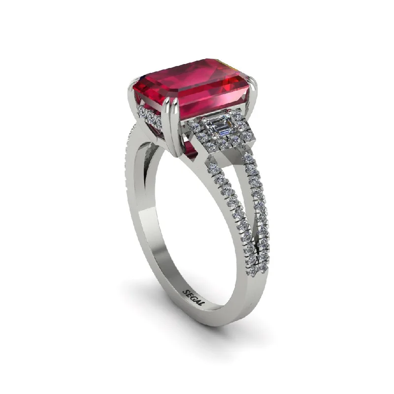 ladies engagement rings with pave diamonds-Split Shank Emerald Cut Ruby Designer Engagement Ring - Ursula No. 12