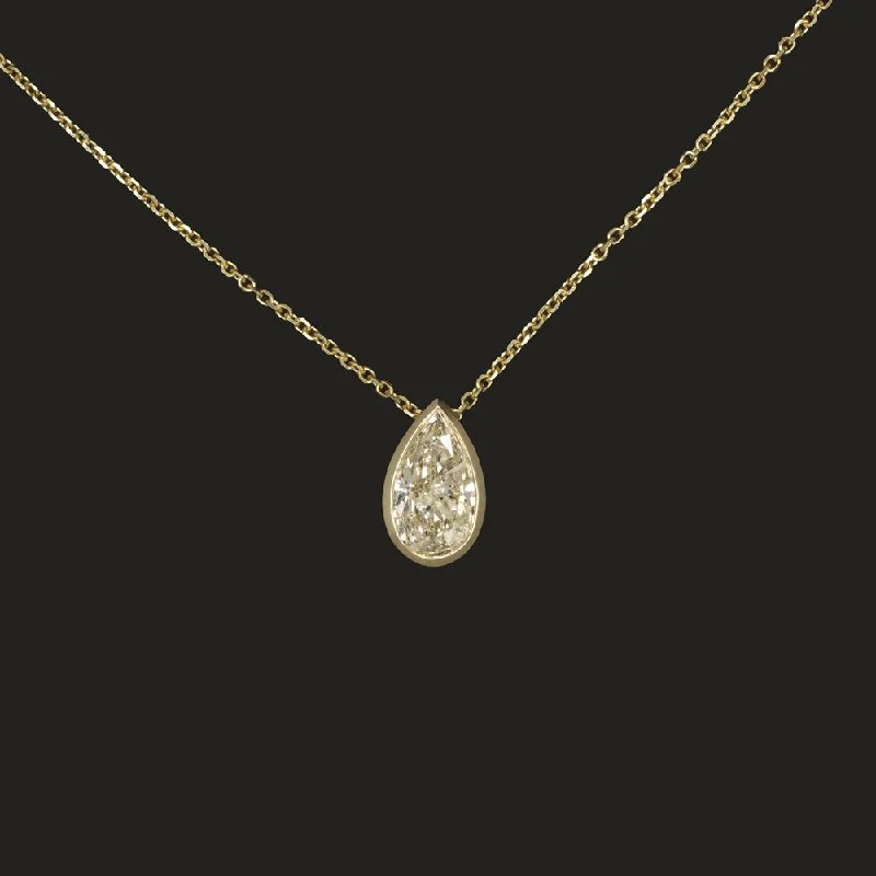 ladies simple crystal necklaces-1.30ct DIAMOND SOLITAIRE PENDANT NECKLACE PEAR SHAPE CUT 14k YELLOW GOLD BEZEL