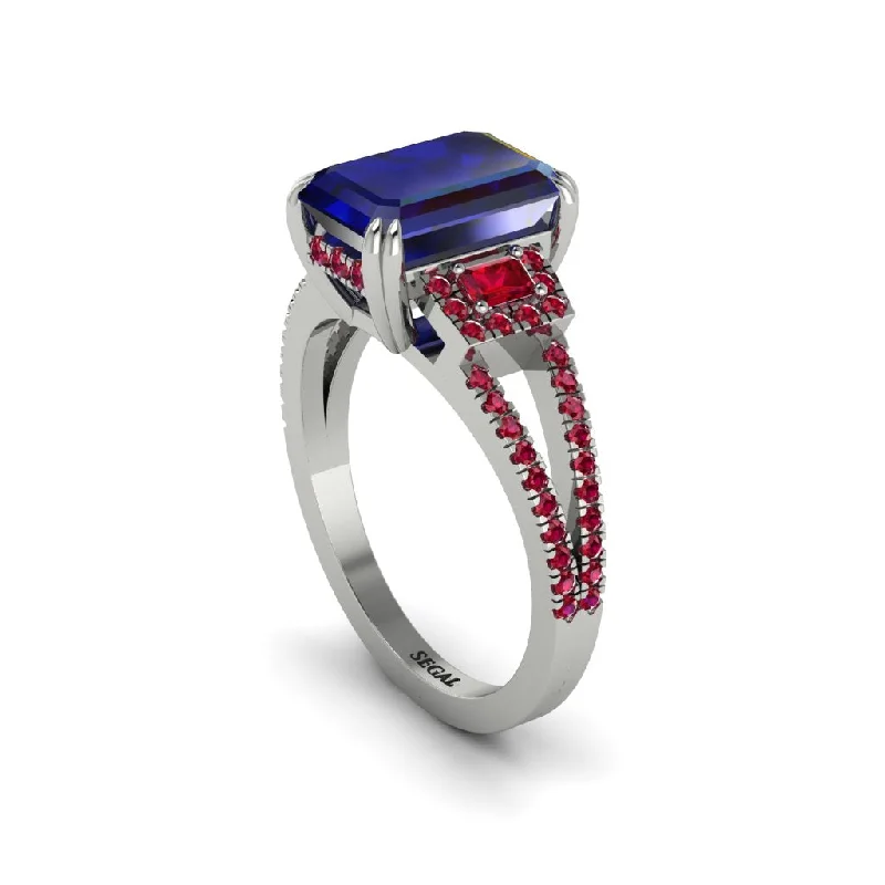 solitaire ladies engagement rings-Split Shank Emerald Cut Sapphire Designer Engagement Ring - Ursula No. 60