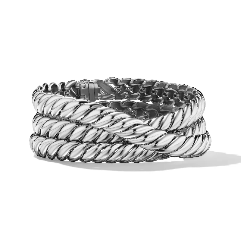 ladies designer bangles-Sculpted Cable Triple Wrap Bracelet in Sterling Silver\, 8.5mm