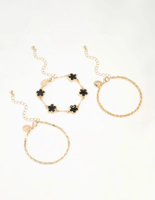 ladies gold bangle sets-Gold Black Flower & Chain Bracelets 3-Pack