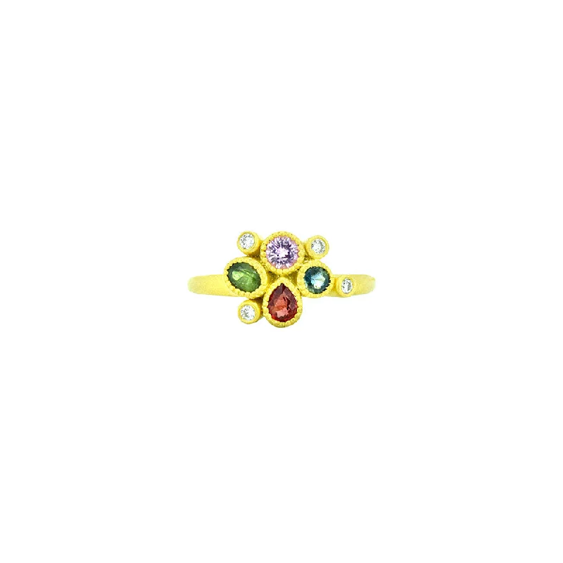 ladies men’s style rings-18 Karat Yellow Matte Gold Cluster Ring with 4 Various Shaped Multi Colored Sapphires