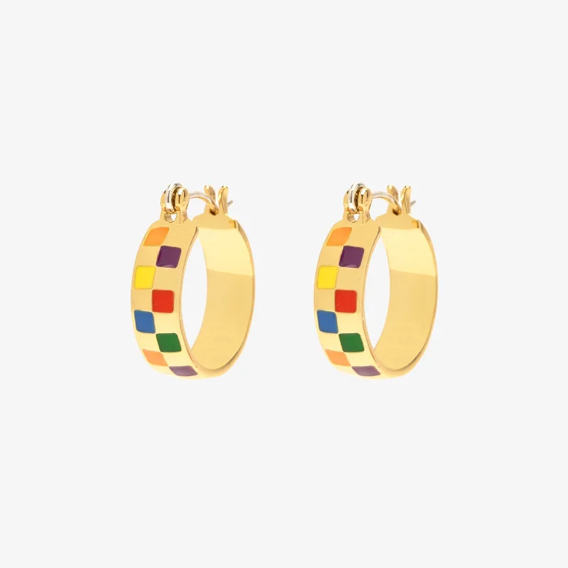 ladies fashion earrings-Rainbow Checkerboard Hoop Earrings