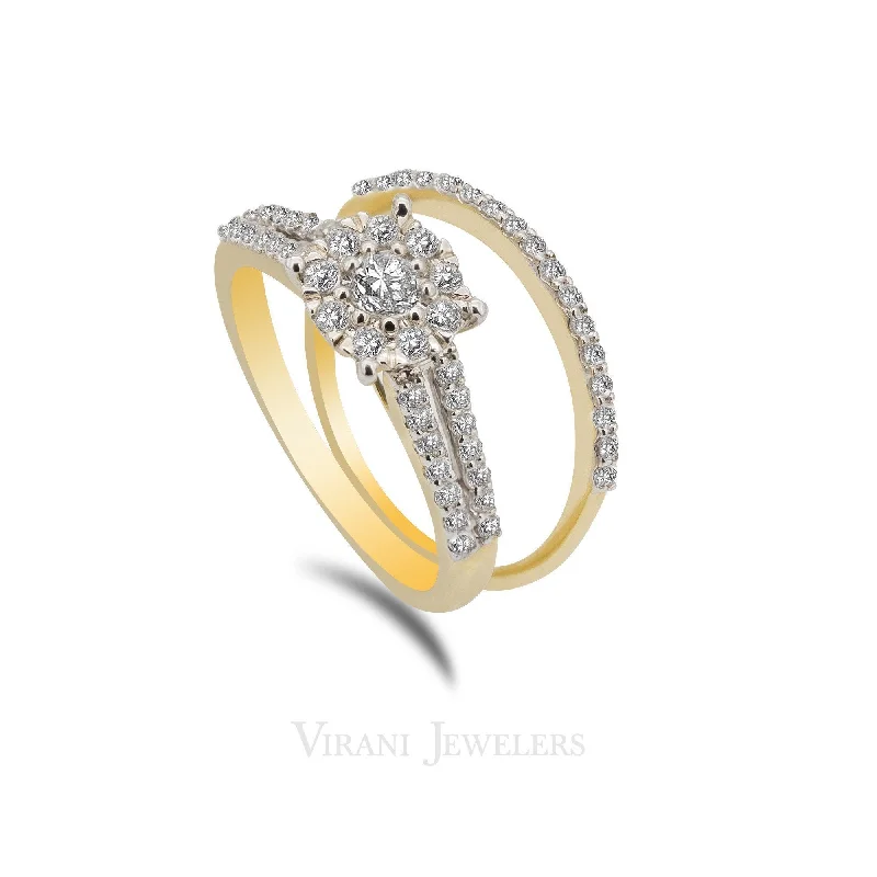 ladies designer rings-14K Two Tone Gold Diamond Pavé Bridal Ring Set