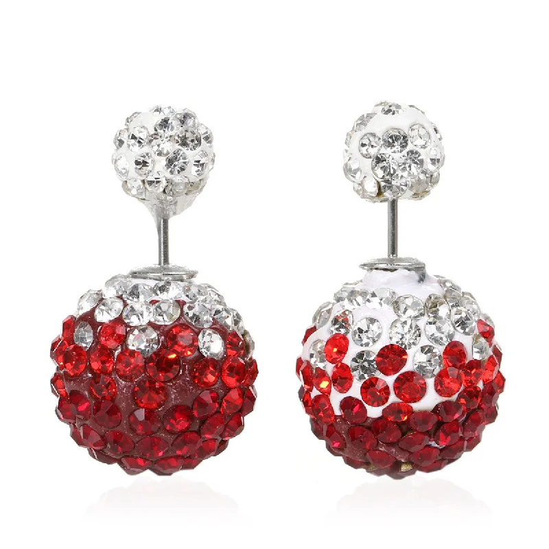 ladies nature-inspired earrings-Sexy Sparkles Clay Earrings Double Sided Ear Studs Round Pave White Red Rhinestone W/ Stoppers