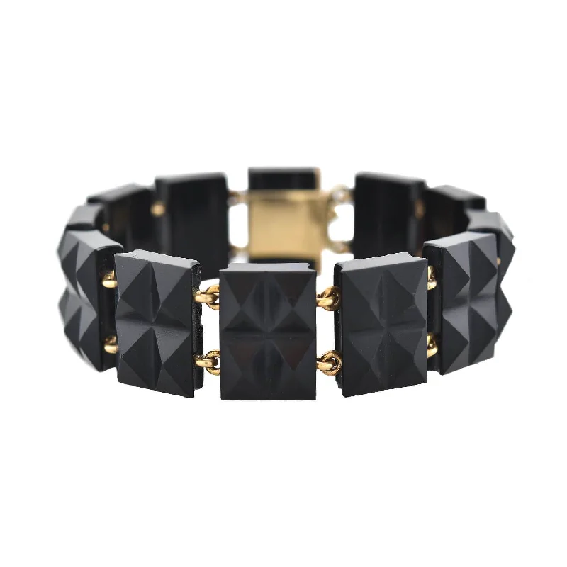 ladies trendy bracelets-Victorian 14kt Carved Onyx Double Row Pyramidal Link Bracelet