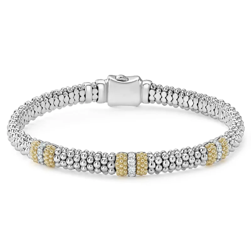 ladies designer bracelets-Caviar Lux Three Station Diamond Caviar Bracelet | 6mm