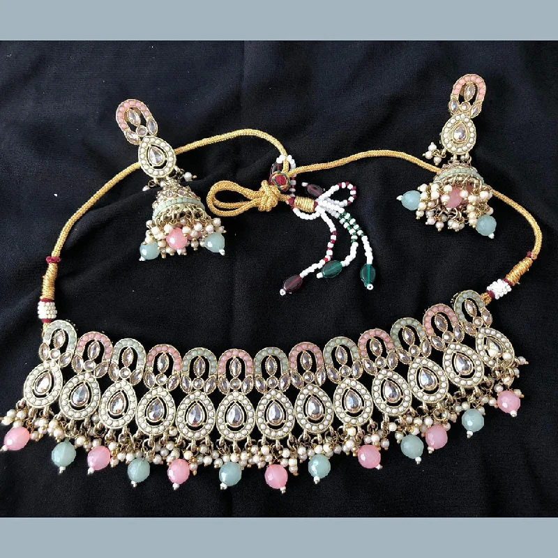 ladies long statement necklaces-Anjali Jewellery Gold Plated Crystal Stone Pearl And Beads Necklace Set