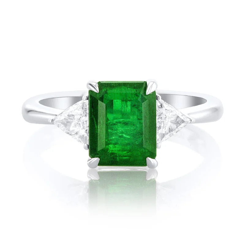 ladies layered rings-2.73 Carat Trillion Natural Diamond &  Green Emerald Ring Set in 14K White Gold